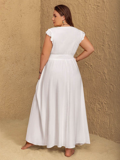 Plus Size Embroidered Floral V-Neck Cap Sleeve Maxi Dress - Selvanelle