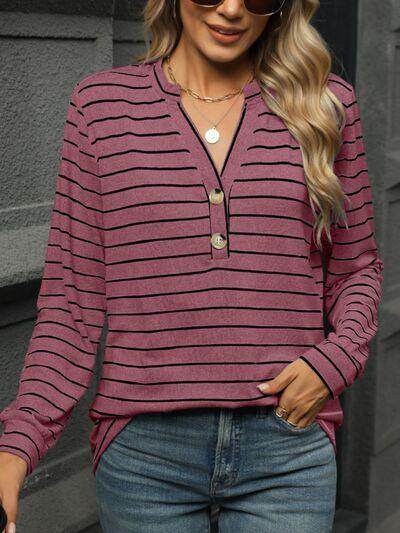 Striped Notched Long Sleeve T-Shirt for Casual Style - Selvanelle
