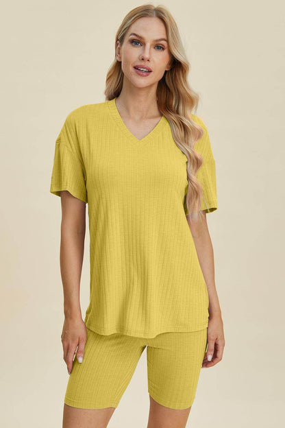 Basic Bae Full Size Ribbed V-Neck Top and Shorts Set For Women - Selvanelle