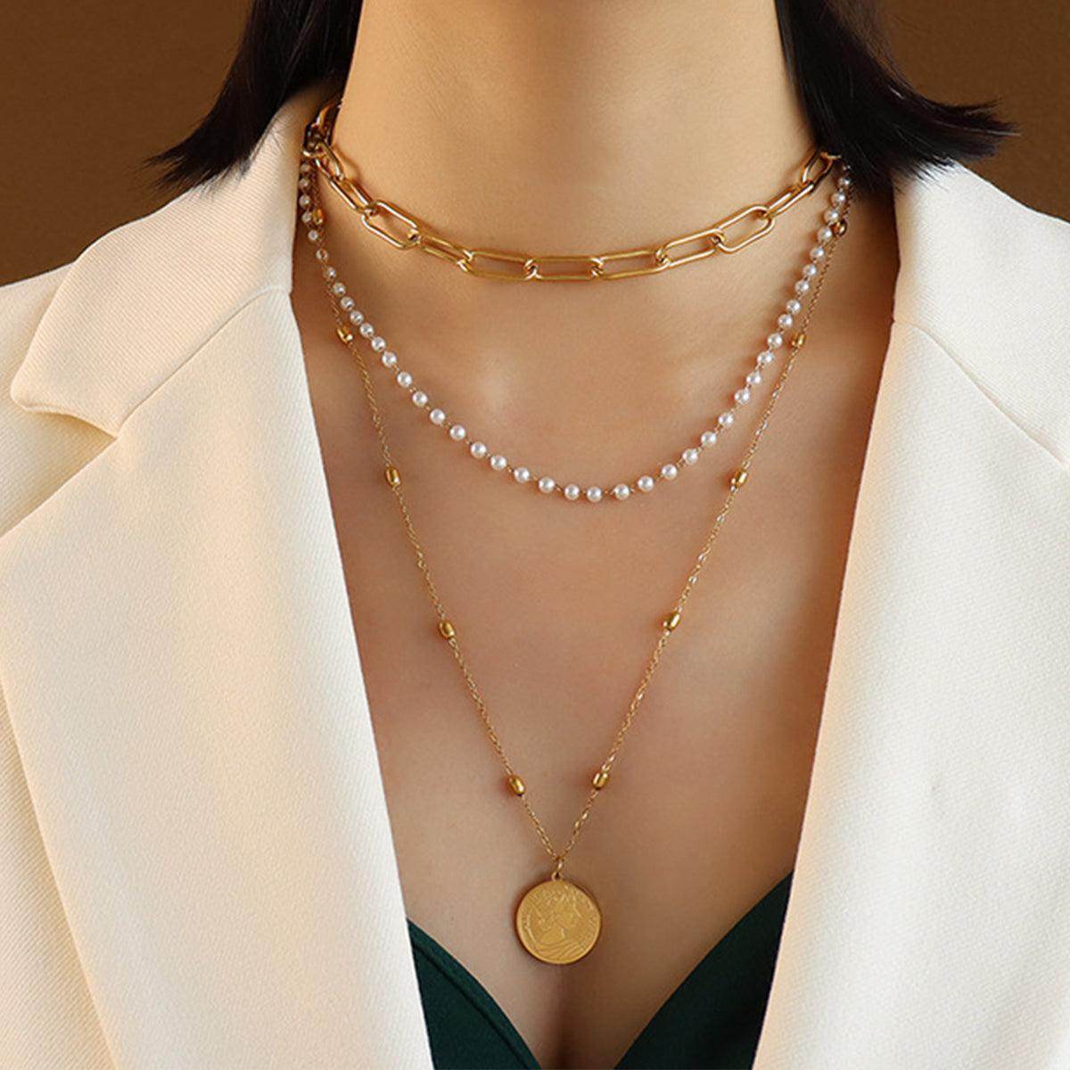 Synthetic Pearl Titanium Steel Three-Layered Necklace for Women - Selvanelle