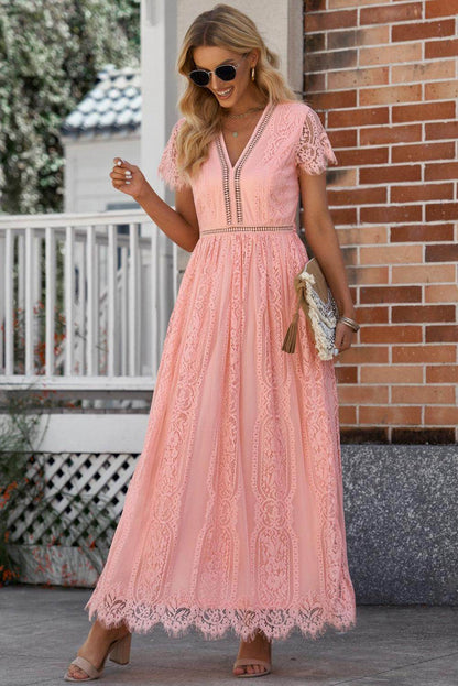 Scalloped Trim Lace Plunge Dress for Elegant Occasions - Selvanelle