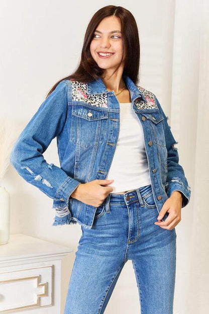 Baeful Leopard Floral Distressed Raw Hem Denim Jacket Women - Selvanelle