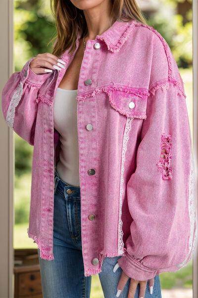 Lace Detail Distressed Raw Hem Long Sleeve Denim Jacket - Selvanelle
