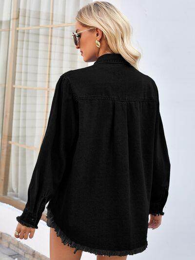 Raw Hem Button Up Long Sleeve Denim Jacket with Sequin Pockets - Selvanelle