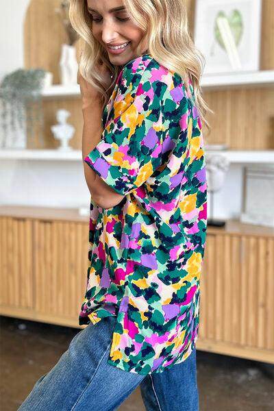 Double Take Full Size Printed V-Neck Short Sleeve Top - Selvanelle