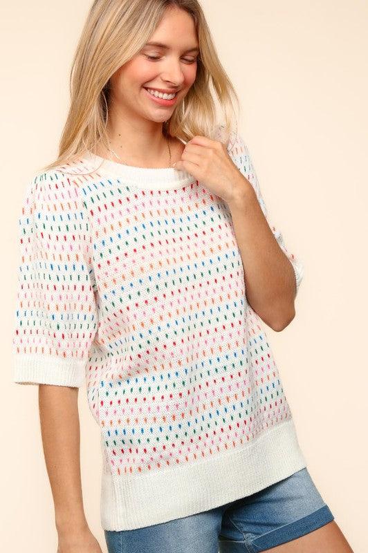 Haptics Round Neck Half Sleeve Multi Color Knit Top for Women