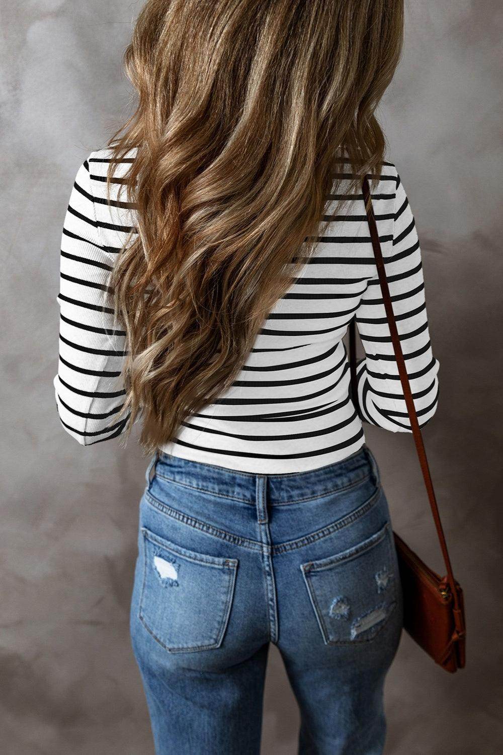 Striped V-Neck Long Sleeve Top for Women Casual Wear - Selvanelle