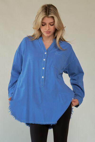 Davi & Dani Letter Back Raw Hem Half Button Shirt Chic - Selvanelle