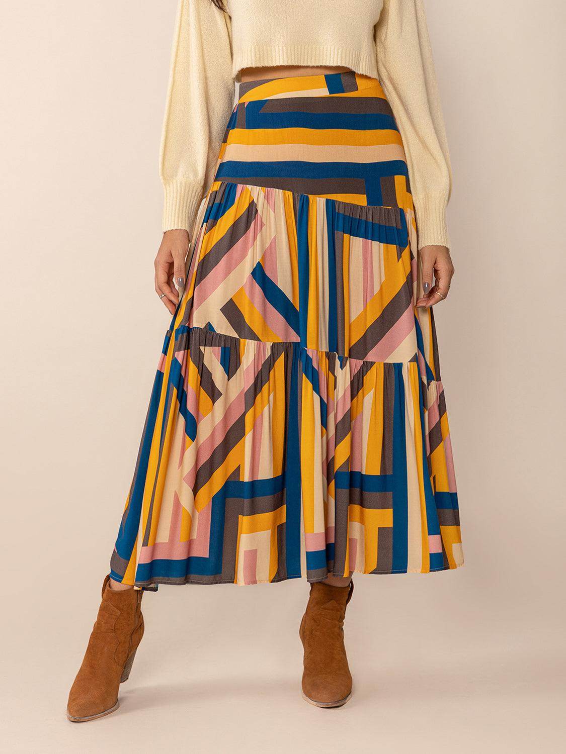 Ruched Elastic Waist Contrast Midi Skirt for Women Fashion - Selvanelle