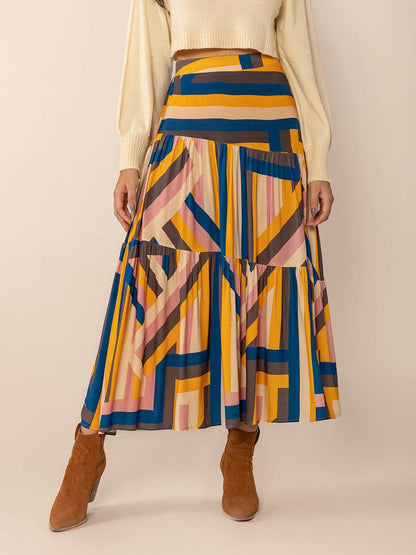 Ruched Elastic Waist Contrast Midi Skirt for Women Fashion - Selvanelle