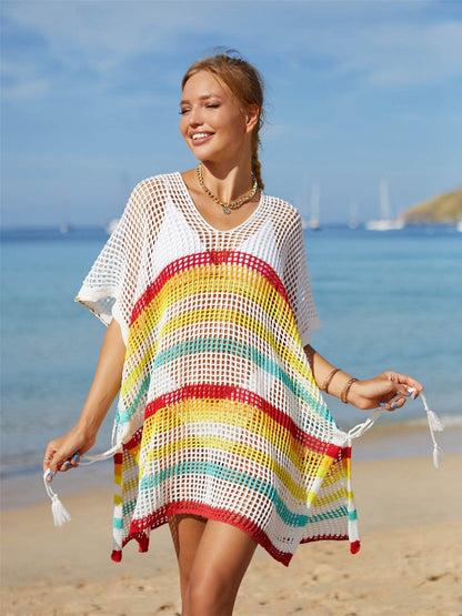 Angel Wings Cutout Striped Cover-Up with Tassel - Selvanelle