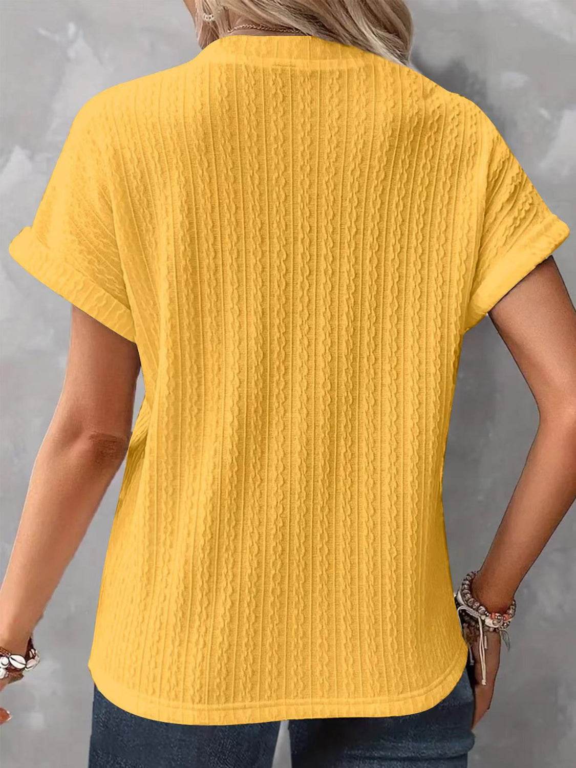Textured Notched Short Sleeve Top - Selvanelle