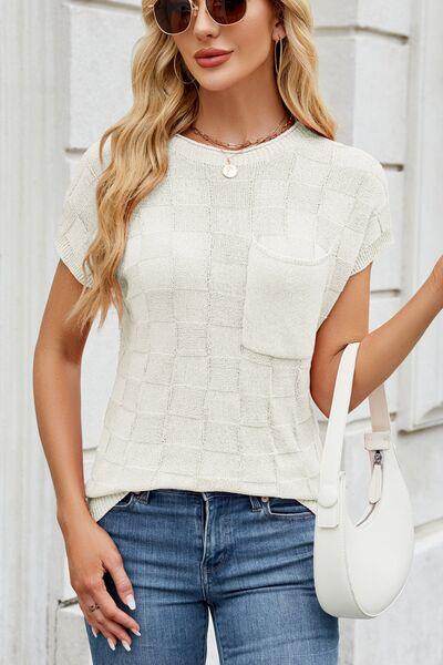 Checkered Round Neck Short Sleeve Knit Top for Women - Selvanelle