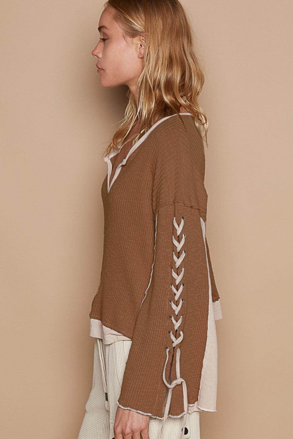 POL Lace-Up Sleeve Color Block Ribbed Knit Top for Women - Selvanelle