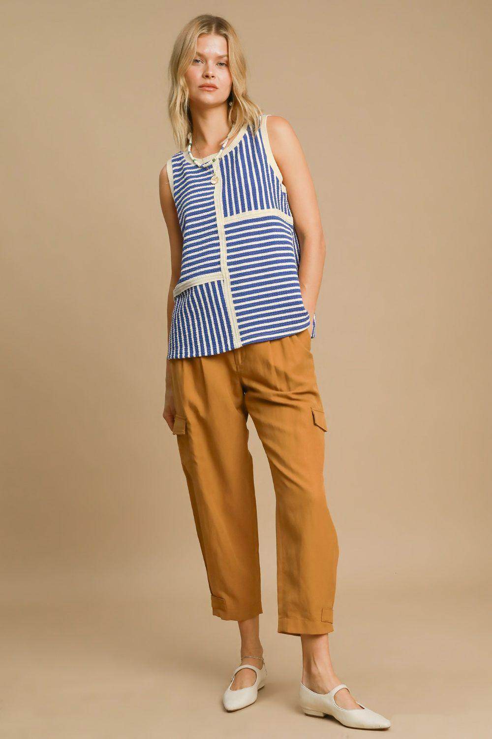 Umgee Round Neck Texture Striped Tank Top for Women - Selvanelle
