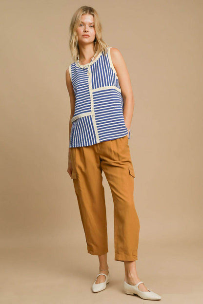 Umgee Round Neck Texture Striped Tank Top for Women - Selvanelle