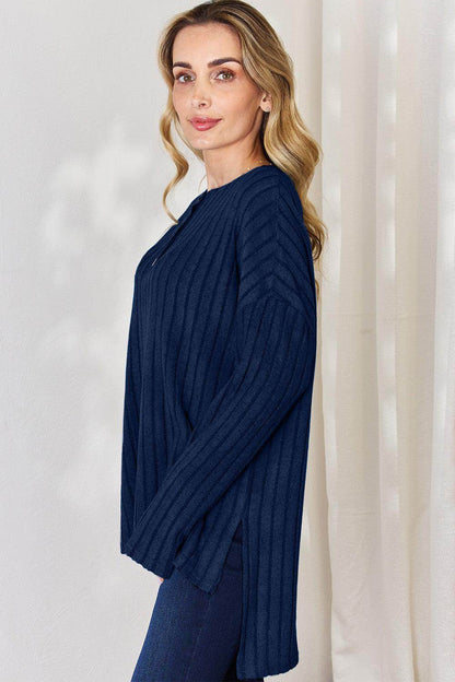 Basic Bae Full Size Ribbed Half Button Long Sleeve T-Shirt - Selvanelle