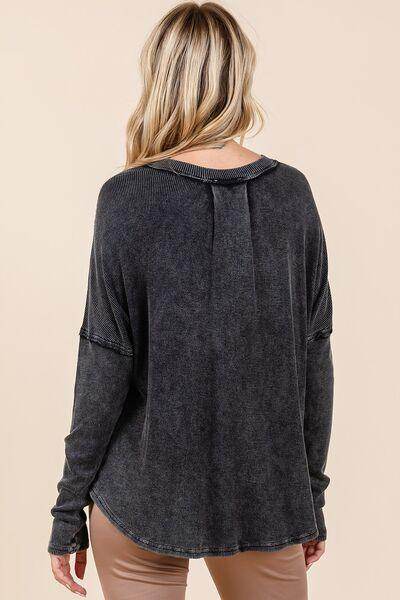 Mittoshop Washed V-Neck Long Sleeve Blouse for Women - Selvanelle