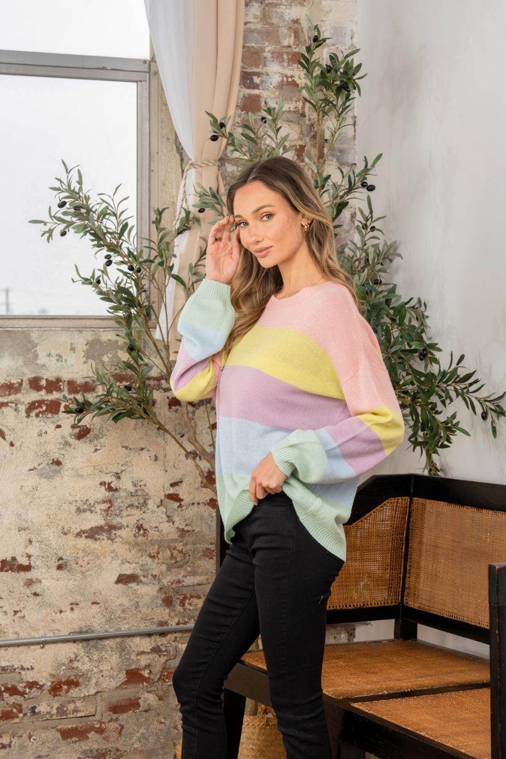Sew In Love Full Size Color Block Round Neck Sweater - Selvanelle