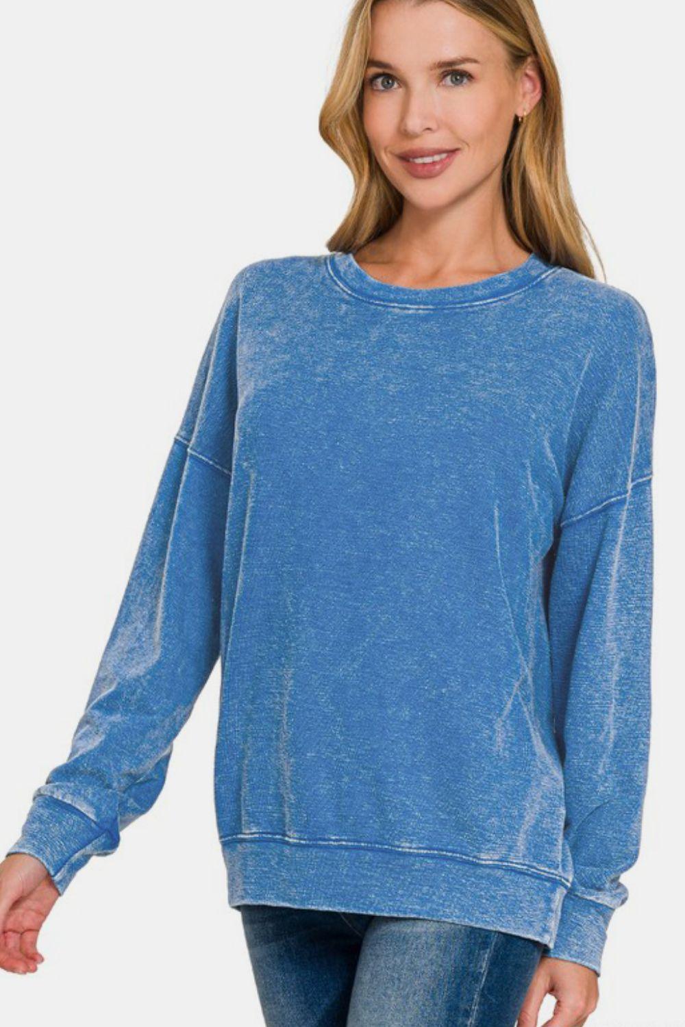 Zenana Washed Round Neck Dropped Shoulder Sweatshirt Cozy