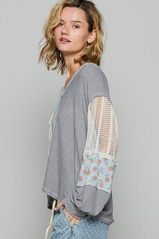 POL Floral Crochet Patch V-Neck Top for Stylish Looks