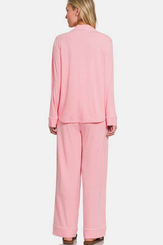 Zenana Button Down Long Sleeve Top and Pants Lounge Set - Selvanelle