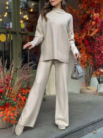 Slit Mock Neck Top and Pants Sweater Set for Women - Selvanelle