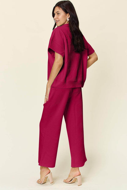 Double Take Full Size Texture Half Zip Short Sleeve Top Set - Selvanelle