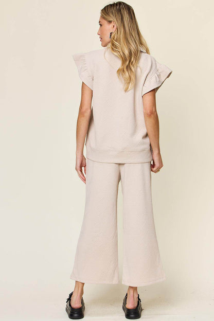 Double Take Texture Ruffle Short Sleeve Top and Pants Set - Selvanelle