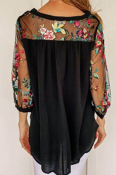 Floral Embroidered Sleeve Round Neck Blouse for Women - Selvanelle