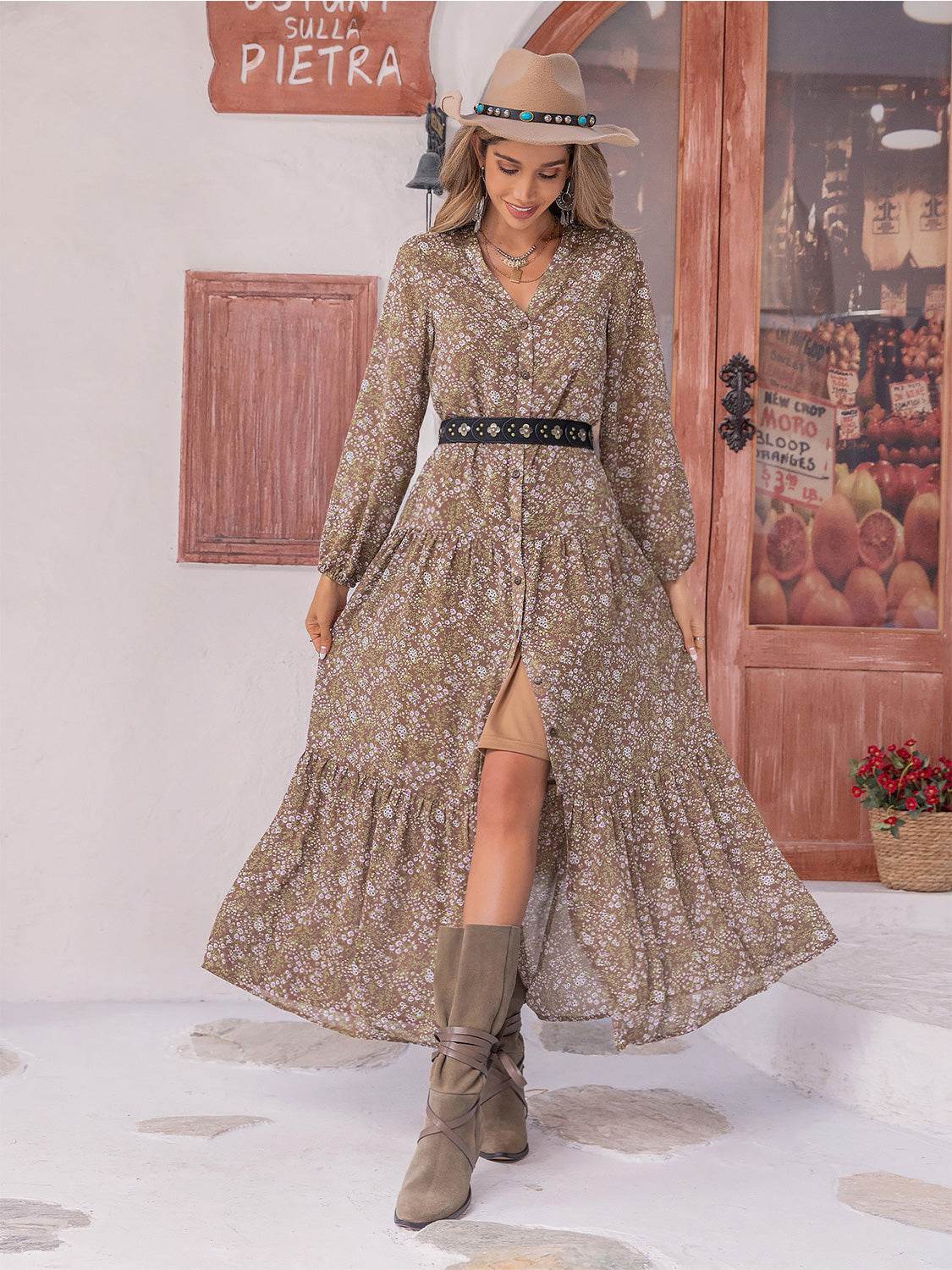 Floral Button Up V-Neck Tiered Dress - Selvanelle