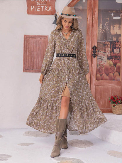 Floral Button Up V-Neck Tiered Dress - Selvanelle