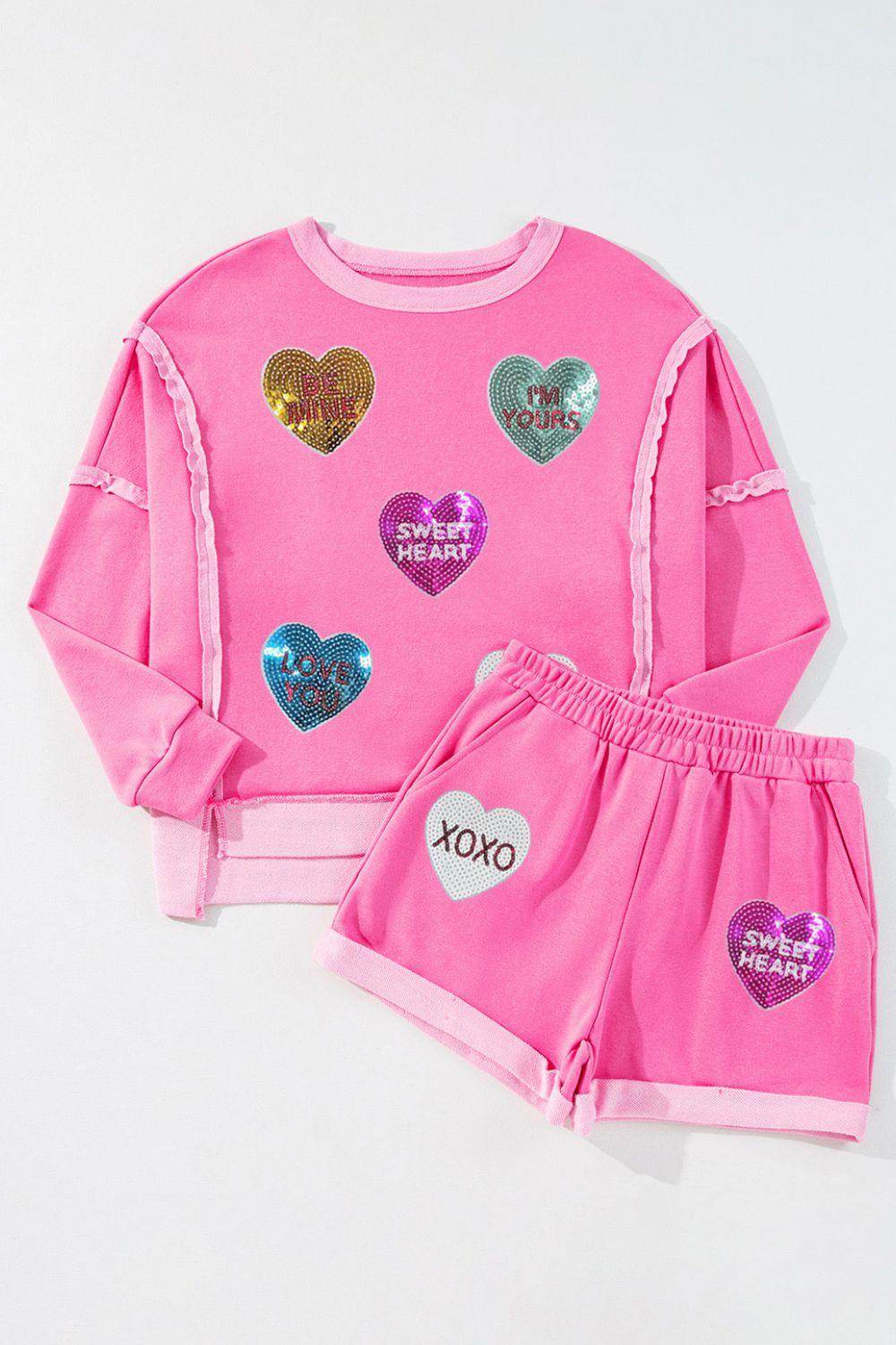 Sequin Heart Round Neck Top and Shorts Set for Women - Selvanelle