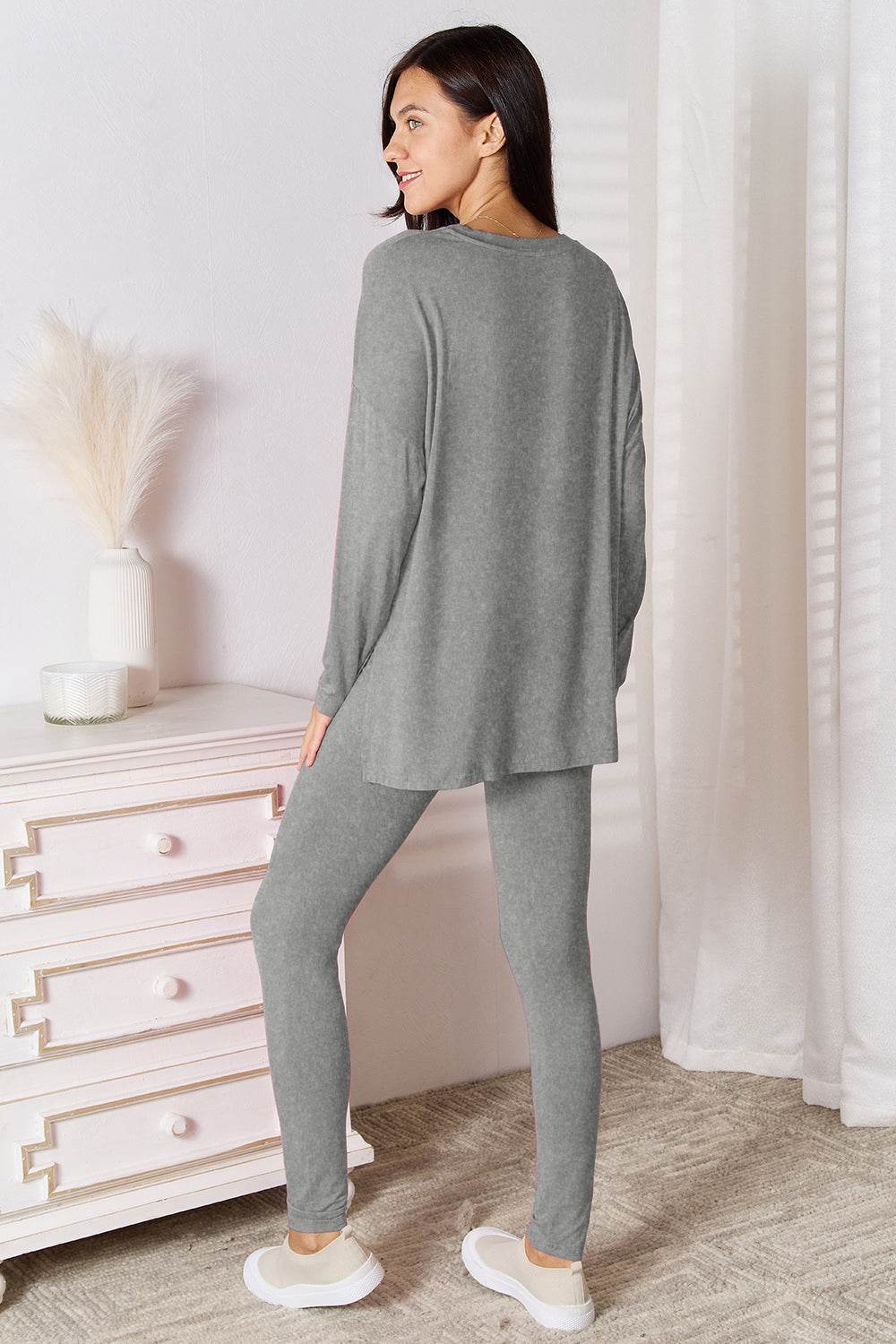 Basic Bae Bamboo Full Size V-Neck Long Sleeve Top and Pants Lounge Set - Selvanelle