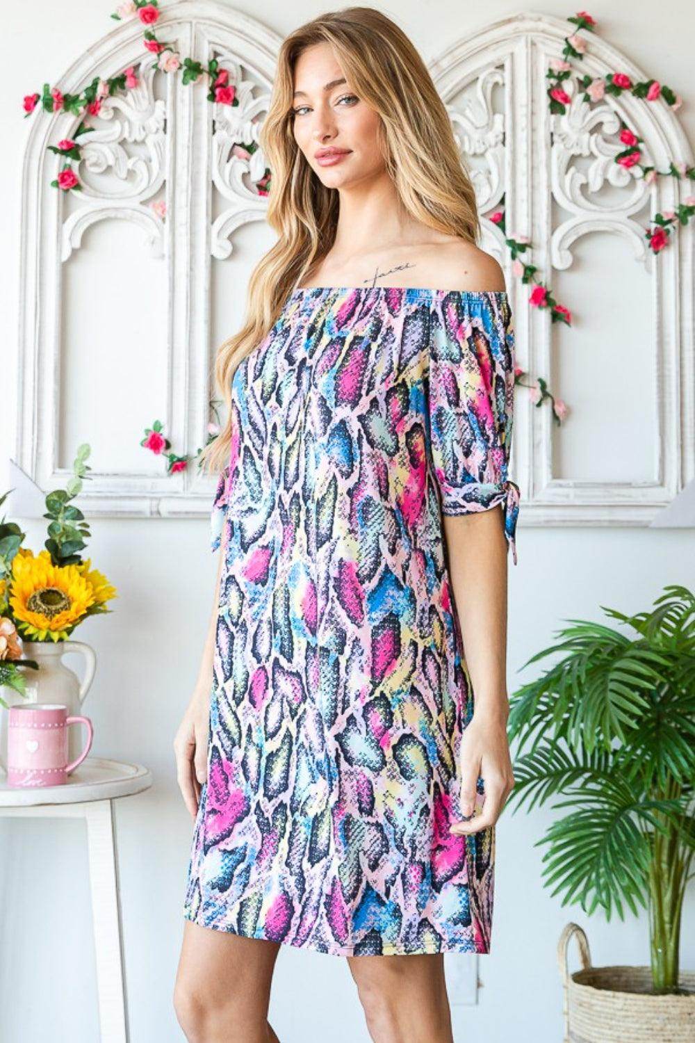 Heimish Full Size Off Shoulder Snake Mini Dress for Women - Selvanelle