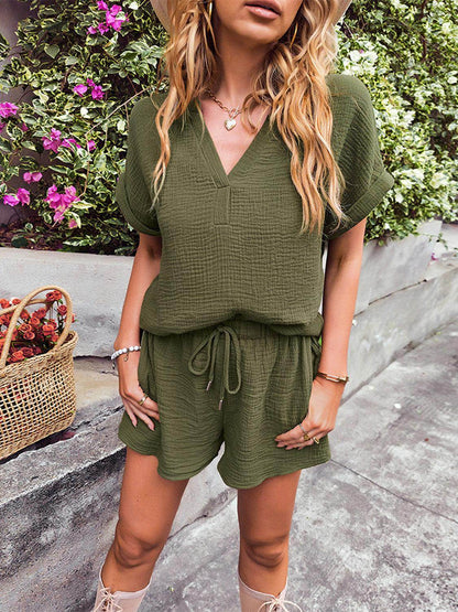 Notched Short Sleeve Top and Shorts Set for Women - Selvanelle