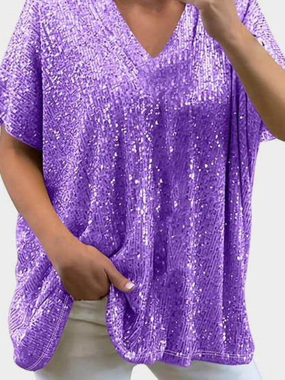 Full Size Sequin V-Neck Short Sleeve Top for Women - Selvanelle