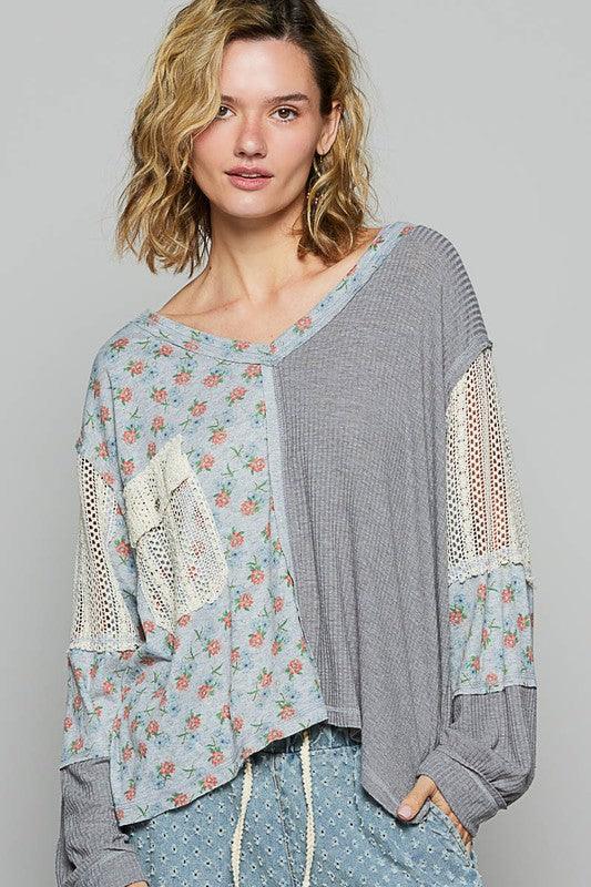 POL Floral Crochet Patch V-Neck Top for Stylish Looks