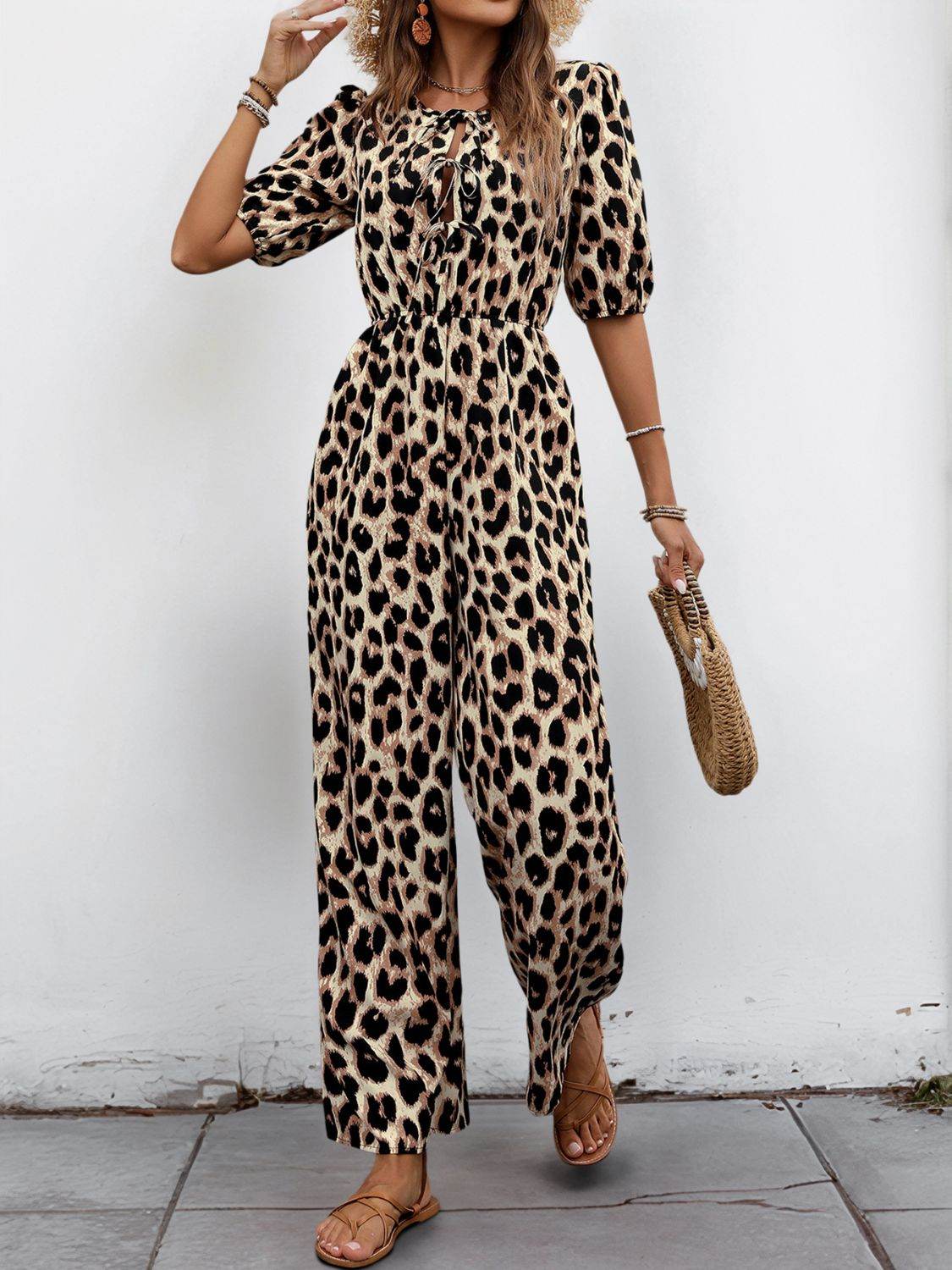 Perfee Tied Leopard Half Sleeve Jumpsuit - Selvanelle