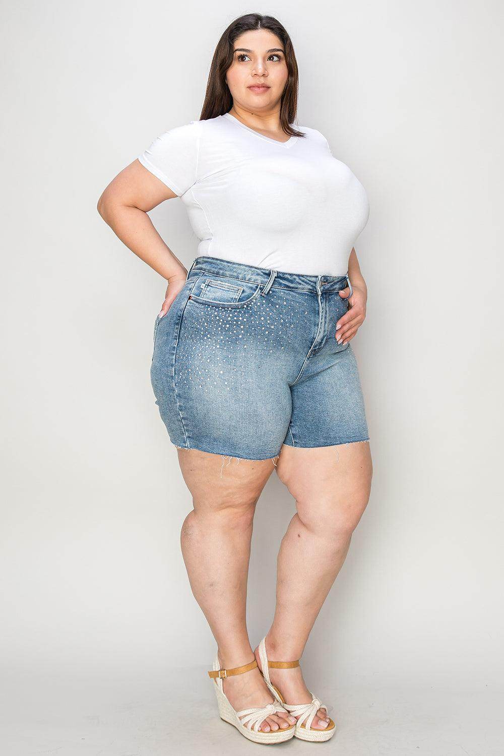 Judy Blue Full Size High Waist Rhinestone Denim Shorts - Selvanelle