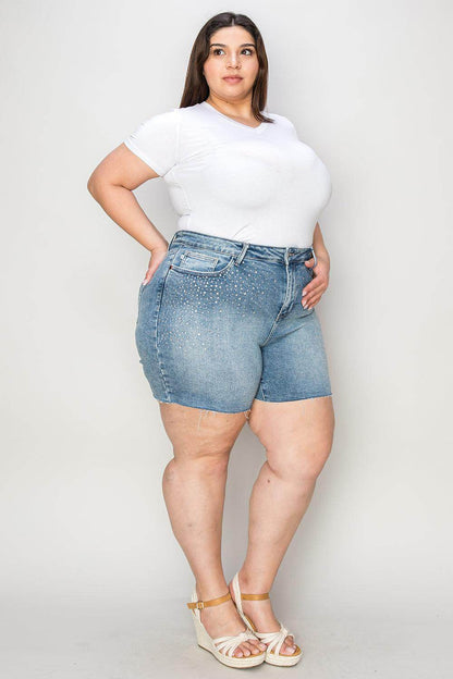 Judy Blue Full Size High Waist Rhinestone Denim Shorts - Selvanelle