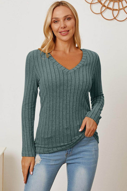 Basic Bae Full Size Ribbed V-Neck Long Sleeve T-Shirt - Selvanelle
