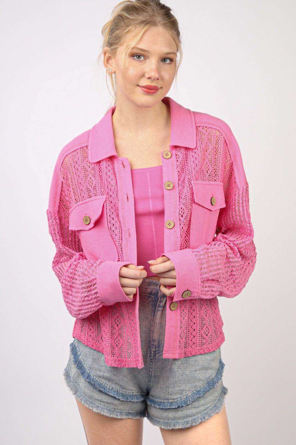 Very J Button Up Long Sleeve Lace Shirt for Women - Selvanelle