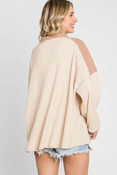 Waffle-Knit Color Block Half Button Long Sleeve Top for Women - Selvanelle