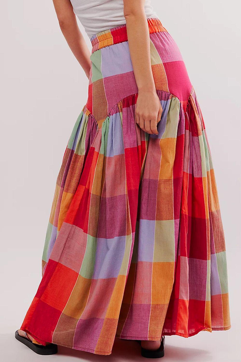 Color Block Elastic Waist Maxi Skirt for Women Fashion