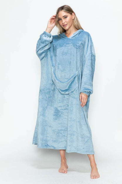 Double Take Full Size Pocketed Hooded Midi Lounge Dress - Selvanelle