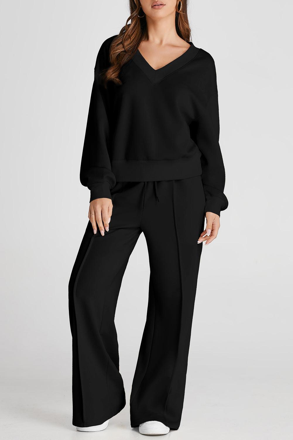 V-Neck Long Sleeve Top and Pants Active Set for Women