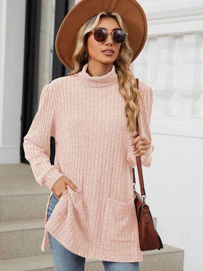 Slit Mock Neck Long Sleeve T-Shirt for Women with Pocket - Selvanelle