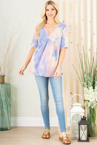 Heimish Full Size Crisscross Tie Dye Babydoll Top Plus Size - Selvanelle