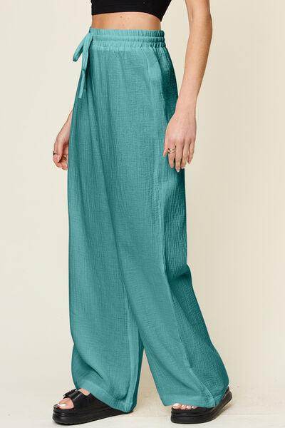 Double Take Full Size Texture Drawstring Wide Leg Pants - Selvanelle